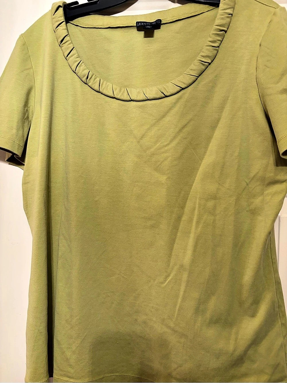 Lafayette 148 Ruffle Neck Short Sleeve Tee in Green XL NWT